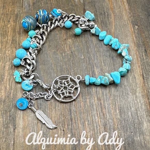 Turquoise chunky maxi beaded rustic silver statement adjustable bracelet - Picture 1 of 6
